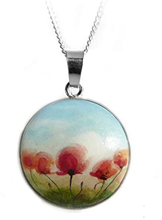 Handbemalte Kette, Mohnblumen Anhänger, Holz & 925 Silber | Mohnwiese, Miniaturbild, Handmade Schmuck