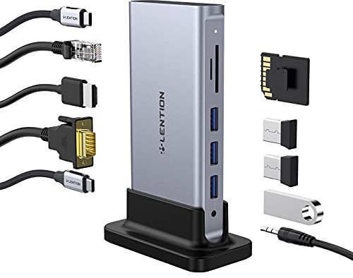 LENTION USB C Vertical Docking Station Hub 100W Power Delivery 4K HDMI VGA Gigabit Ethernet Card Reader USB 3.0 Aux Adapter for 2023-2016 MacBook Pro Air New Mac Air Surface More (D55 Gray)