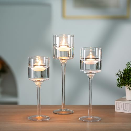 Nuptio Bougeoirs pour Bougies Chauffe-Plat 3 Pièces Bougeoirs Verre pour Bougies Flottantes Grand Bougeoir À Pilier Élégant pour Table Fête Mariage Centres Noël Salon Décoration D'intérieur