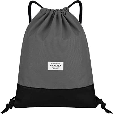 LIVACASA Turnbeutel Mit Reißverschluß Innentasche Sportbeutel mit Leder Hipster Gym Bag Beutel Gefüttert Rucksack Mit Verstellbar Tunnelzug Gymsack Turnsack für Damen Herren Reines Dunkelgrau