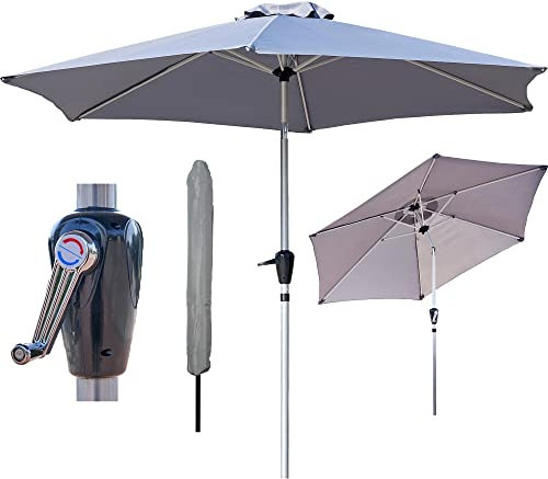 GlamHaus Garden Parasol Tilting Table Umbrella, UV40+ Protection, 2.7m, Includes Protection Cover, Crank Handle, Gardens and Patios - Robust Aluminium - (Light Grey)