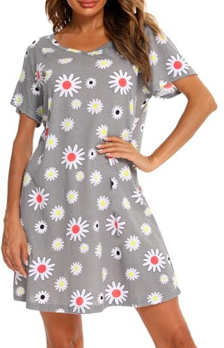 ENJOYNIGHT Chemise de Nuit Femme Manches Courtes Imprimées Robe de Nuit Col Rond Vêtements de Nuit (Medium,Fleur Grise)