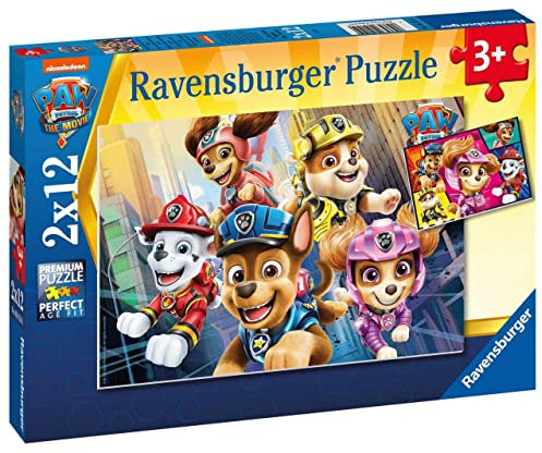 Ravensburger 4005556051519 Puzzles 2 x 12 Teile – Unsere vierbeinigen Rettungsschwimmer/Paw Patrol, der Film Pat'Patrouille, le Kinderpuzzle, Mehrfarbig