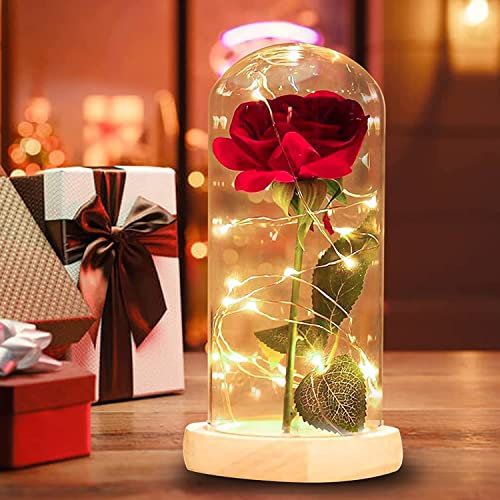Dream Loom La Belle et Bête Rose, Rose Rouge pour Toujours avec en Soie Lumière Enchantée dans Un Dôme de Verre,Cadeau Fête des Mères, Anniversaire, Saint Valentin, Décoration Chambre