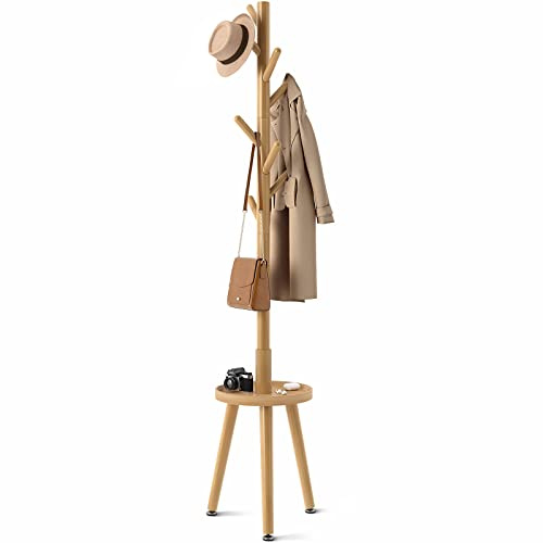 GREENSTELL Garderobenständer, Holzgarderobe, freistehend, mit Ablage, Garderobenbaum mit 4 Höhenoptionen, 128,3 cm - 184,4 cm, für Kleidung/Tasche/Hüte, Kleiderständer für