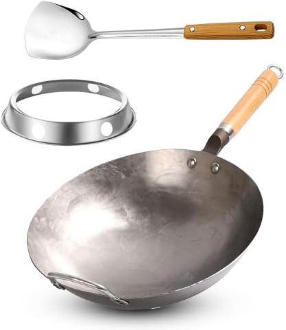 HeroFiber Cast Iron Wok Pan Set, 13 inch Carbon Steel Wok Pan with Detached Handle, Stainless Steel Wok Ring, Stir Fry Wok Spatula with Wooden Handle, 3-Piece Nonstick Wok Set