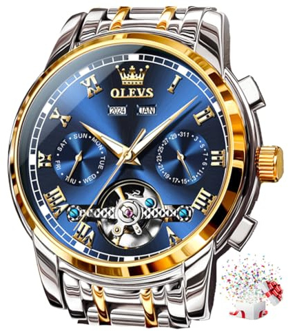 OLEVS Watches for Men Automatic Mechanical Self Winding Blue Dress Tourbillon Stainless Steel Dual Calendar Waterproof Luminous Wrist Watch