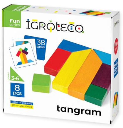 Igroteco® Tangram 8 Teile – Holzpuzzle für Kinder & Erwachsene | Nachhaltiges Lernspiel mit 38 Aufgaben, lebendigen Farben & sicherer Verpackung | Fördert Konzentration & Kreativität