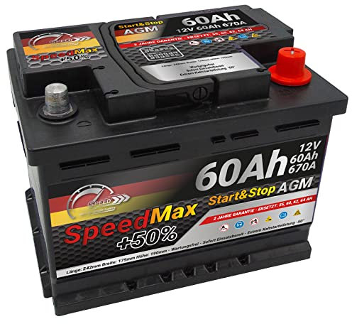 Batteria per auto Speed Max 60 Ah Tecnologia AGM 670A, adatto per veicoli con sistema Start Stop