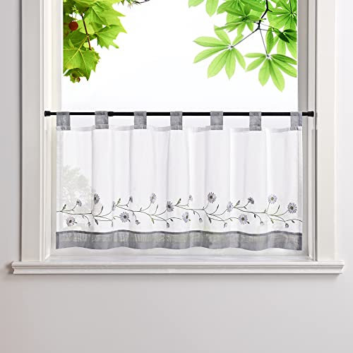 HeichkelL Bestickte Scheibengardine Voile Kurzstores mit Schlaufen Pastorale Küchengardinen Landhausstil Bistrogardine Grau BxH 90x60 cm