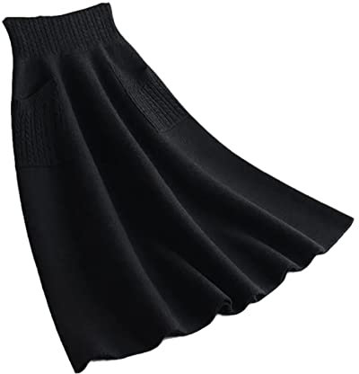 Damen Herbst Winter Wolle Stricken Lange Röcke Hohe Taille mit Tasche Lose Damen Solid Knit Midi Rock, Schwarz , XL