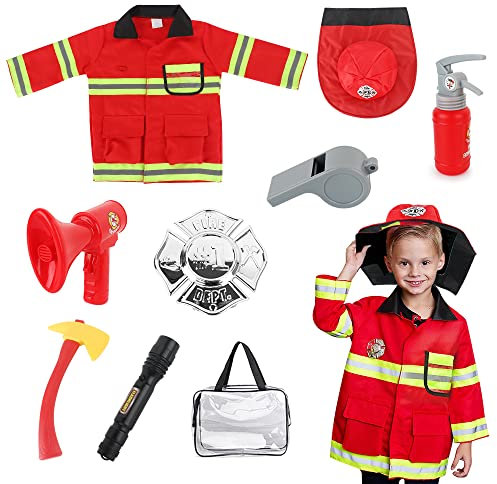 LUFEIS Feuerwehr Kostüm Kinder, Feuerwehrmann Kostüm Kinder, Waschbares Feuerwehr Rollenspiel Set, mit Feuerlöscher Feuerwehrhelm Feuerwehrmann Spielzeug,ideal Geschenk für Mädchen und Jungen