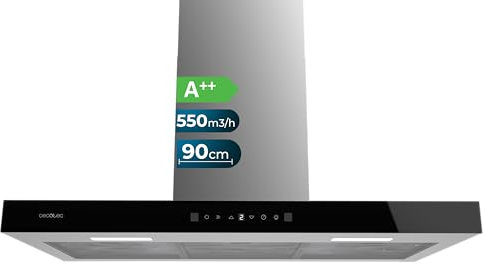 Cecotec Campana Extractora 90 cm Tipo T Bolero Flux TT 905500 Glass Black A++. 70W, Frontal Cristal Negro, Bajo Consumo, Succión 550m3/h, Control Táctil, 3 Niveles, Booster, Luz LED, Filtro Carbono