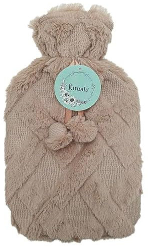Kituals Large Quilted Faux Fur Hot Water Bottle with Pom Poms - 2 litres | Hot or Cold Compress | Muscle Pain Relief (Blush Pink)