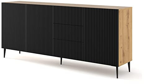 BIM Furniture Kommode Ravenna B 3D3S 200 cm mit gefräster Front Hochwertiges MDF, Sideboard, Buffet auf Schwarze Metallstiftbeinen, 3 Schränke, 3 Schubladen (Artisan Eiche + Schwarz Matt)