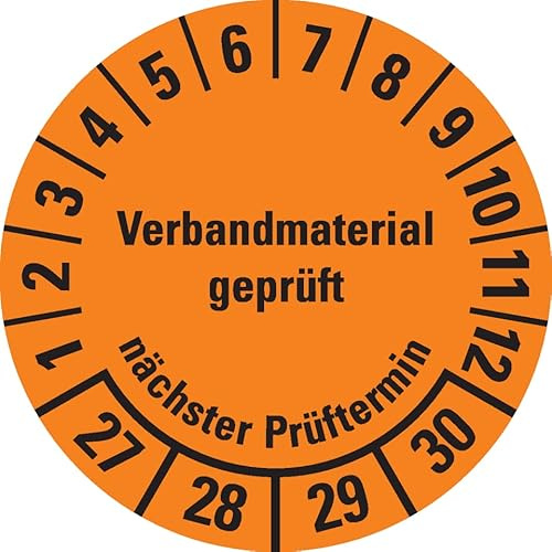 Dreifke® Prüfplakette Verbandmaterial geprüft,NP 27-30,orange,Dokufolie,Ø 35mm,10 St/Bogen