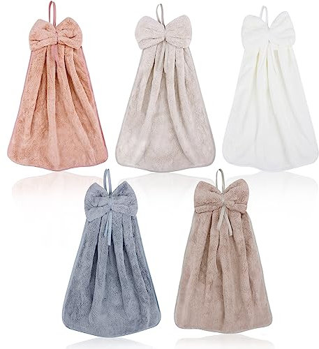 LIUCONGBD Lot de 5 Serviette à Main avec Boucle de Suspension, Serviettes en Microfibre Coral Fleece pour la Salle de Bain et la Cuisine, Serviettes Mignonnes absorbantes à séchage Rapide