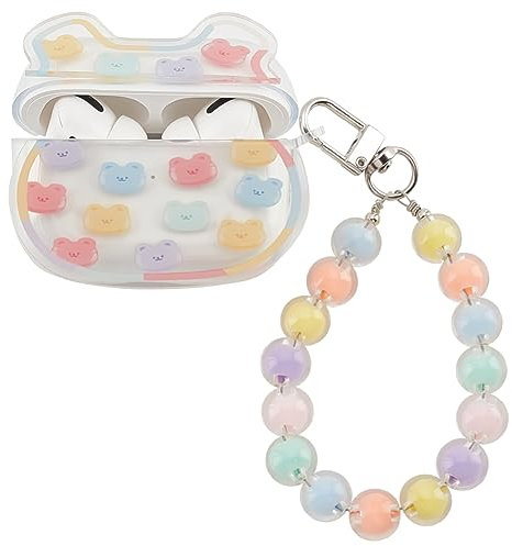 PLIGREAT Niedliche Bear Hülle Case Kompatibel mit AirPods Pro Weiche Silikon Hülle mit Regenbogen Bonbon Perlen Lanyard Schutzhülle für Mädchen Frau Airpods Pro 2 & 1 Case