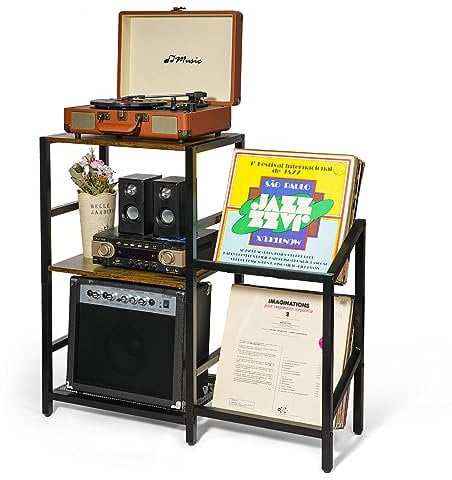 ikkle Record Player Stand with Vinyl Record Storage, 2-Tier Vinyl Stand for Up to 200 Albums, Turntable Stand Record Player Cabinet with Record Storage for Living Room Bedroom