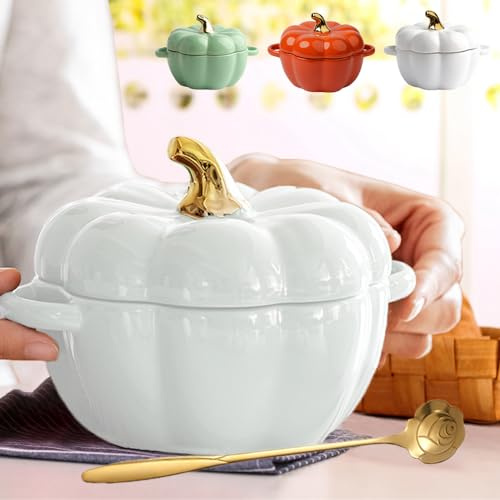 15oz Ceramic Bowl with Lid, Microwave and Dishwasher Safe, Pumpkin Soup Bowl with Handle, Pumpkin Decor, Storage Jar for Home, Thanksgiving, Halloween Party, Pumpkin Bowl