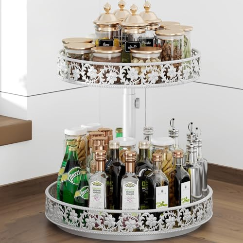 HISKIWUU 2 Tier Lazy Susan Organizer Turntable Adjustable,12 Inch Two Tier Lazy Susan Metal Easy Assembly Cleaning, Rotating Spice Rack Organizer for Cabinet Dining Table Kitchen Countertop White