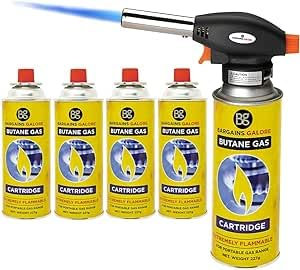 Blow Torch with Butane Gas Bottles - for Camping, Cooking, Kitchen, BBQ, Desserts, Creme Brulee | Flamethrower Welding Refill Auto Ignition Soldering Weed Burning (Blow Torch + 4 Gas Bottles)