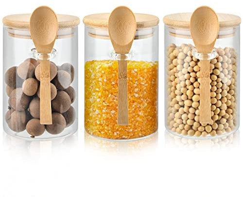 FINZOO 3-Piece Glass Jars with Airtight Lids and Spoon, 450ML Glass Food Containers for Overnight Oats, Tea, Coffee, Sugar