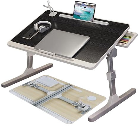 HshDUti Folding Lap Desk Laptop Stand for Bed, Foldable Laptop Bed Table with Tablet Slot, Height & Angle Adjustable Laptop Desk for Lap, Bed Tray Table with USB Charge Port, USB Light and Fan(Black)