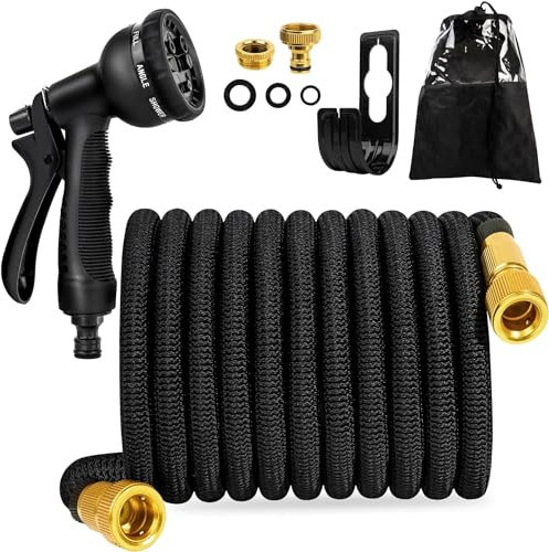 FASCINATDECO Tubo da giardino estensibile da 15 metri, tubo estensibile con pistola a spruzzo a 8 funzioni, connettori in ottone da 3/4,1/2 senza grovigli, ideale per giardinaggio e casa