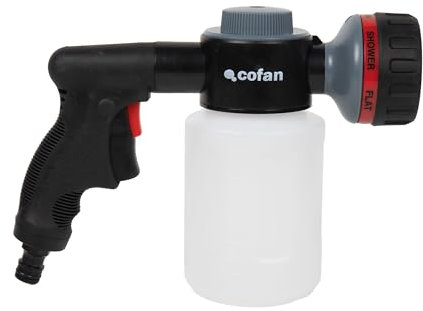 Cofan Pistola de Riego Multifunción con 6 Posiciones y Depósito Dispensador para Jabón de 500 ml | Perfecta para Jardinería y Limpieza