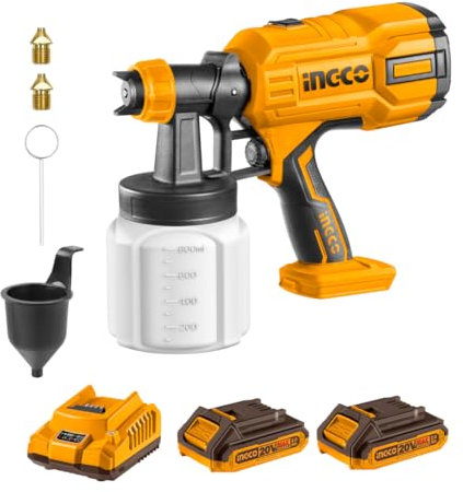 INGCO Pistolet à Peinture sans Fil 20V débit 800 ML/Min, Viscosité Max. 120DIN-s, capacité de 800 ML, avec 3 Buses, 2 Batterie 2,0 Ah et Chargeur