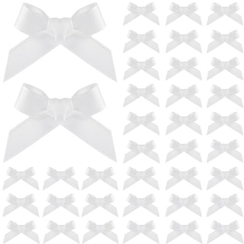 100st Mini Schleifen zum Basteln, 40x10mm Kleine Schleifen Niedlich Klein Geschenkschleife zum Nähen Verpacken von Geschenken Hochzeitsgeschenken Geschenkbox Dekoration (Weiß)