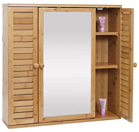 Mendler Spiegelschrank HWC-B18AM, Badspiegelschrank Hängeschrank, 3 Regalböden 3 Türen Bambus Spiegel 60x60x15cm