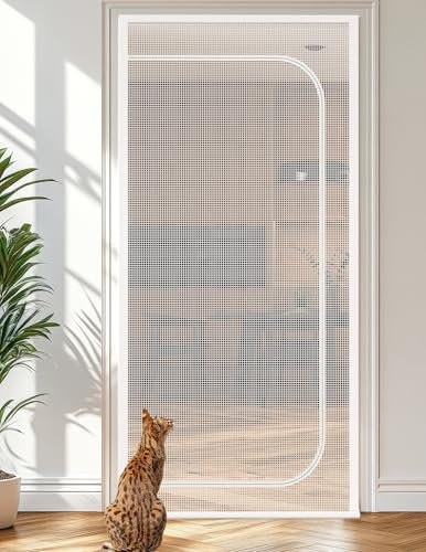 BFNN Cat Screen Door Mesh, Extra Tall Cat-Proof Mesh Gate, Fit Door Size 32'' x 80'', Anti-Cat Scratch Mesh Door with Zipper Closure, Cat Gate for Living Room, Kitchen, Bedroom (White)