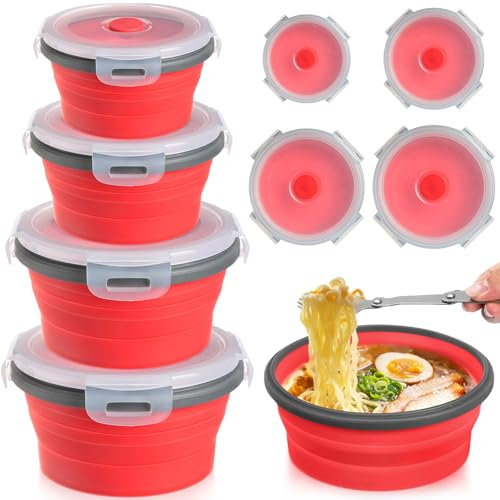 Suclain Lot de 4 bols de camping pliables en silicone avec couvercle - Boîte à déjeuner, salade, récipient de rangement alimentaire extensible - Bol de voyage pliable pour randonnée, camping (bord