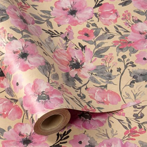 RUSPEPA Kraft-Geschenkpapierrolle – Minirolle – Rosa Blumendesign, ideal für Geburtstage, Partys, Babypartys – 43,2 cm x 10 m