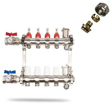 Heizkreisverteiler für Fußbodenheizung - 4 Heizkreise, inkl. Kugelhahn-Set, automatische Entlüfter, Durchflussmesser, aus Edelstahl (Mit 16 x 2,00 mm Klemmringverschraubung)