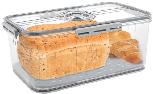 Gatphy Bread Bin Airtight Bread Bins for Kitchen Counter, Time Recording Bread Box with Lid Airtight Bread Storage Container with Air Valve Bread Loaf Keeper (Grey, 32.5x22.5x11cm)