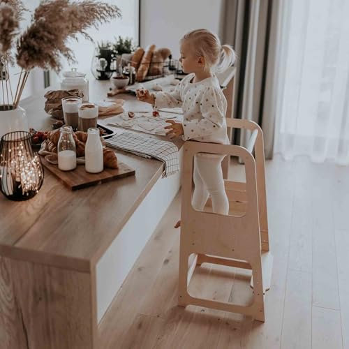 Sweet Home from Wood Montessori-Lernturm - Küchenhelfer für Kinder & Kleinkinder - Kinderhocker mit Verstellbarer Treppe für Arbeitsplatte & Tisch - Rausfallschutz - Nachhaltige Produkte (Holz)