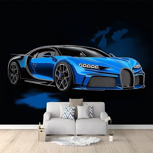 Papier Peint de Photo Voiture De Sport Bleue De Dessin Animé 250x175 cm Papier Peint Panoramique Papier Peint intissé Murale Pour Chambre De Fille, Garçon, Chambre De Bébé Salon Chambre Décor