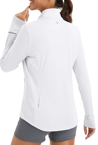 baleaf Women's Athletic Jacket Sun Protection Running Lightweight Full Zip Long Sleeve Shirts UPF 50+ Pockets White M
