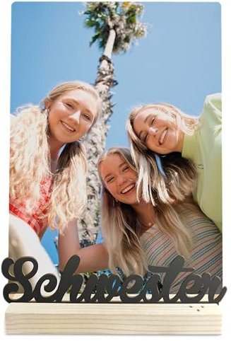 Elbeffekt Schwester Geschenk - Schriftzug mit Fotografie Holzbild - Geburtstagsgeschenk für die Beste Schwester der Welt