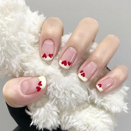 Press On Nails - Nude Pink Short Length Fake Nails - Short Square Acrylic Full Cover Stick on Nail with Glue False Nail Women Girls Nail Art (Red Heart French)