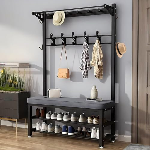 angroups 4 in 1 Entryway Coat and Shoe Rack, Coat Rack with Shoe Bench,Freestanding Coat Stand, Shoe Storage Unit for 6-8 Pairs, Easy to Assemble 60/80/100cm