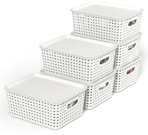 Xeabia 6-Packs Plastic Storage Baskets with Lids Small Plastic Basket White | Stackable Weave Organizer Boxes for Kitchen, Cupboard, Pantry, Shelf, Office, Bathroom