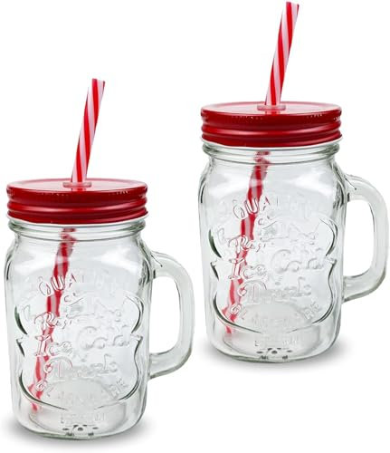 AIBULO 2 Pack 500ml Red Mason Jars with Lids and Straws – Stylish Glass Mason Jars for Cold Drinks, Smoothies, Bubble Tea, Juices, Iced Coffee – Reusable, Leakproof & Durable Glass Jars for Daily Use