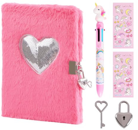 ENYILEE Heart Diary for Girls with Lock and Keys, Cute Plush Notebook Secret Diary, Writing Journal Lined Pages Notebook Sequined Design Birthday Gift Set for Kids ages 6-8