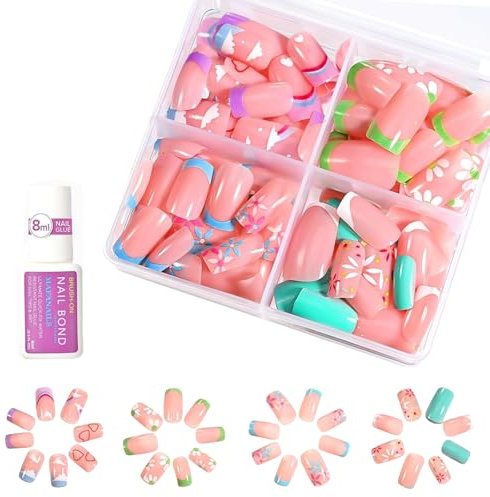 Mrltau 96 Pcs Uñas Postizas para Niños, Uñas Artificiales Dulces para Pegar, Diseños de Flores, Cerezos, Puntos y Líneas, Uñas Artificiales Regalo para Niñas, Uñas Postizas para Niños
