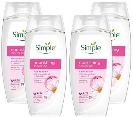 4 x 224ml | Simple Nourishing Shower Gel with Chamomile Oil and Vitamin E | Suitable for Sensitive Skin | Multipack