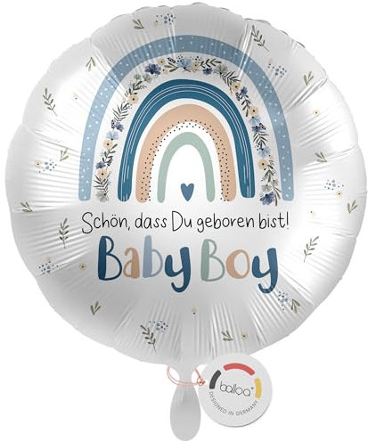 balloa Folienballon rund, Helium Ballon Geburt Junge, Geschenk zur Geburt Baby Boy, Babyparty Deko Junge, Luftballon Geburt Regenbogen Motiv blau bunt, Willkommensgeschenk Baby, 33cm